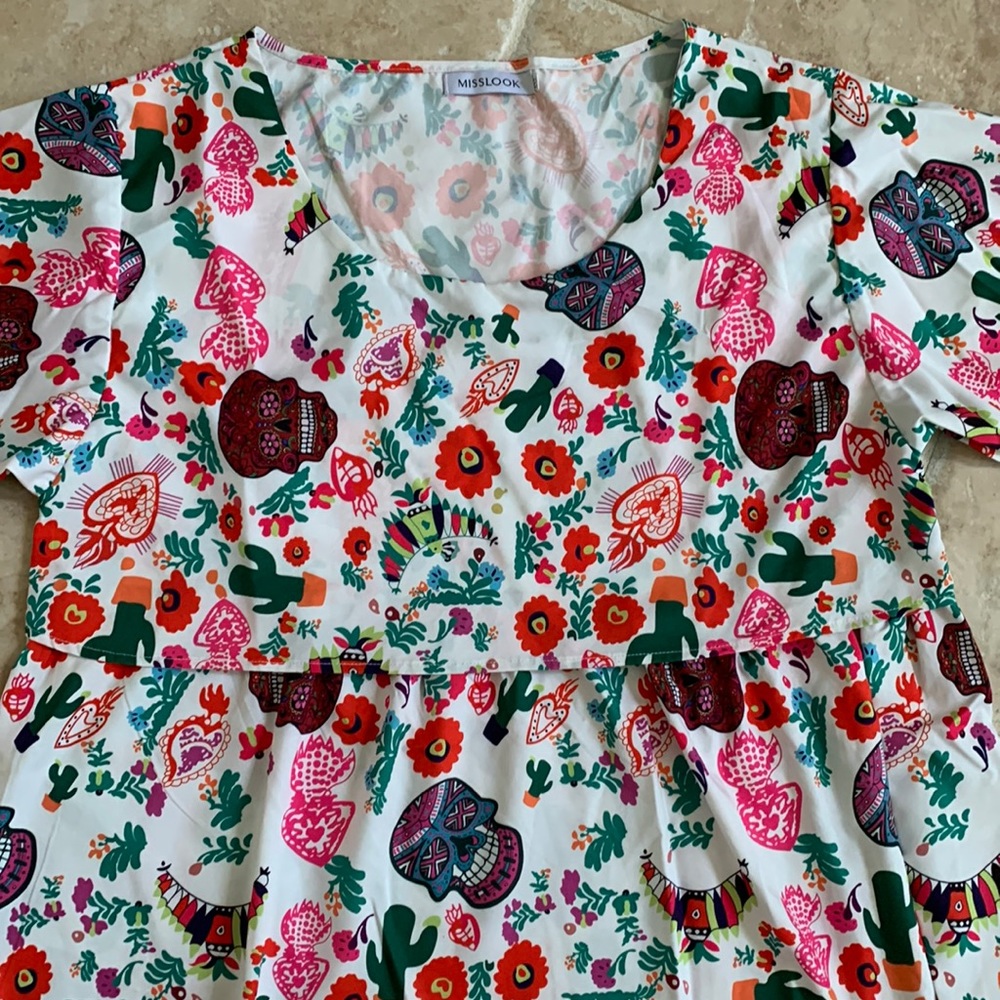 MISSLOOK Floral Sugar Skulls Day of the Dead Halloween Top Size XXL